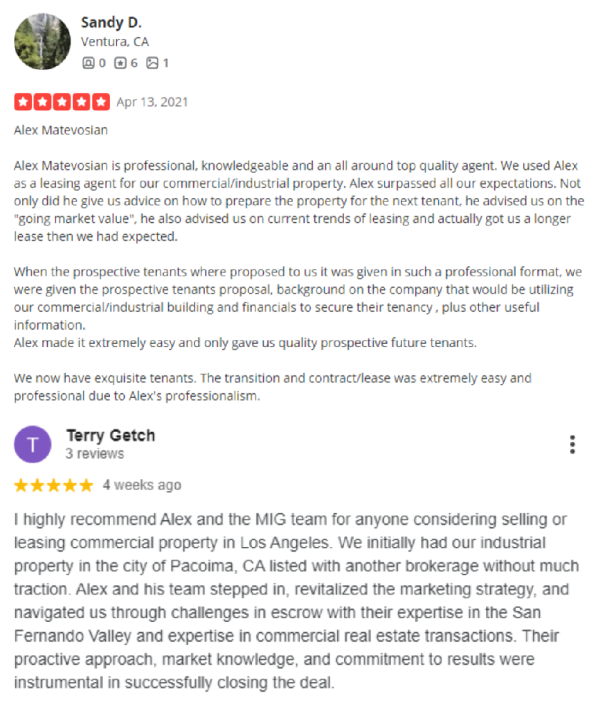 Two customer reviews from Google and Yelp, providing feedback on MIG commercial real estate brokerage services.