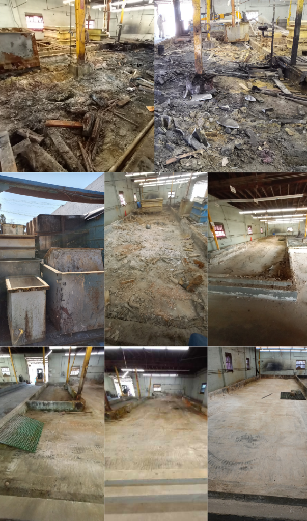A collage of eight images showing the state of an industrial property in Sun Valley before and after demolishing the interior build outs and platforms, decontaminating and removing debris and materials, and triple-rinsing the warehouse. This shows the arduous process that justified a high commercial real estate commission.
